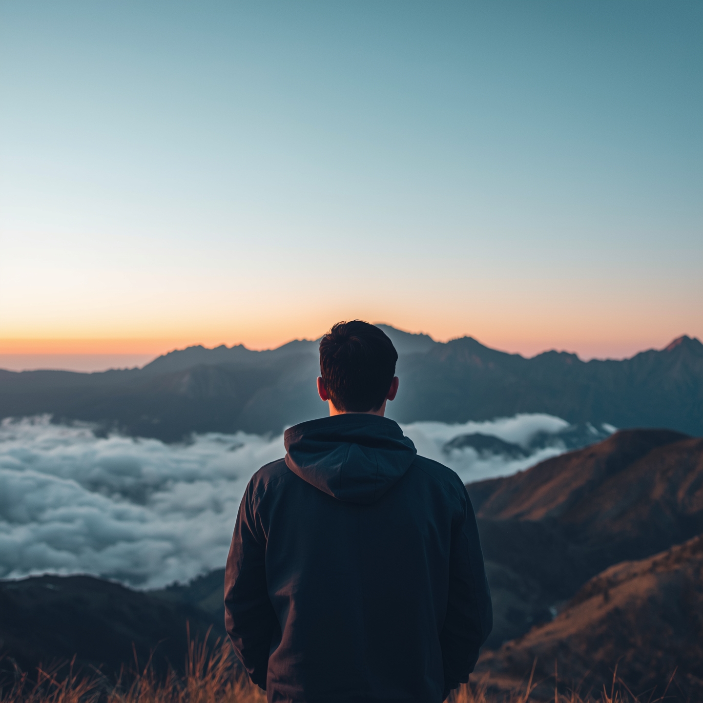 A person gazing at the horizon from a mountain peak at sunset