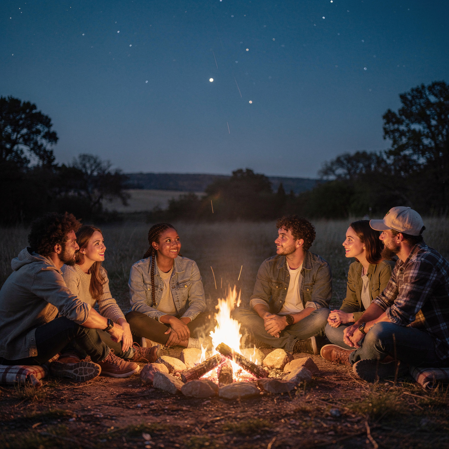 A group of friends gathered around a campfire under a starry sky